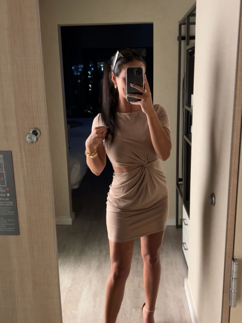 Knot-Front Short Sleeve Bodycon Dress in Taupe